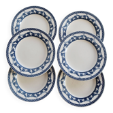 6 vintage flat plates with a blue and white goose pattern.