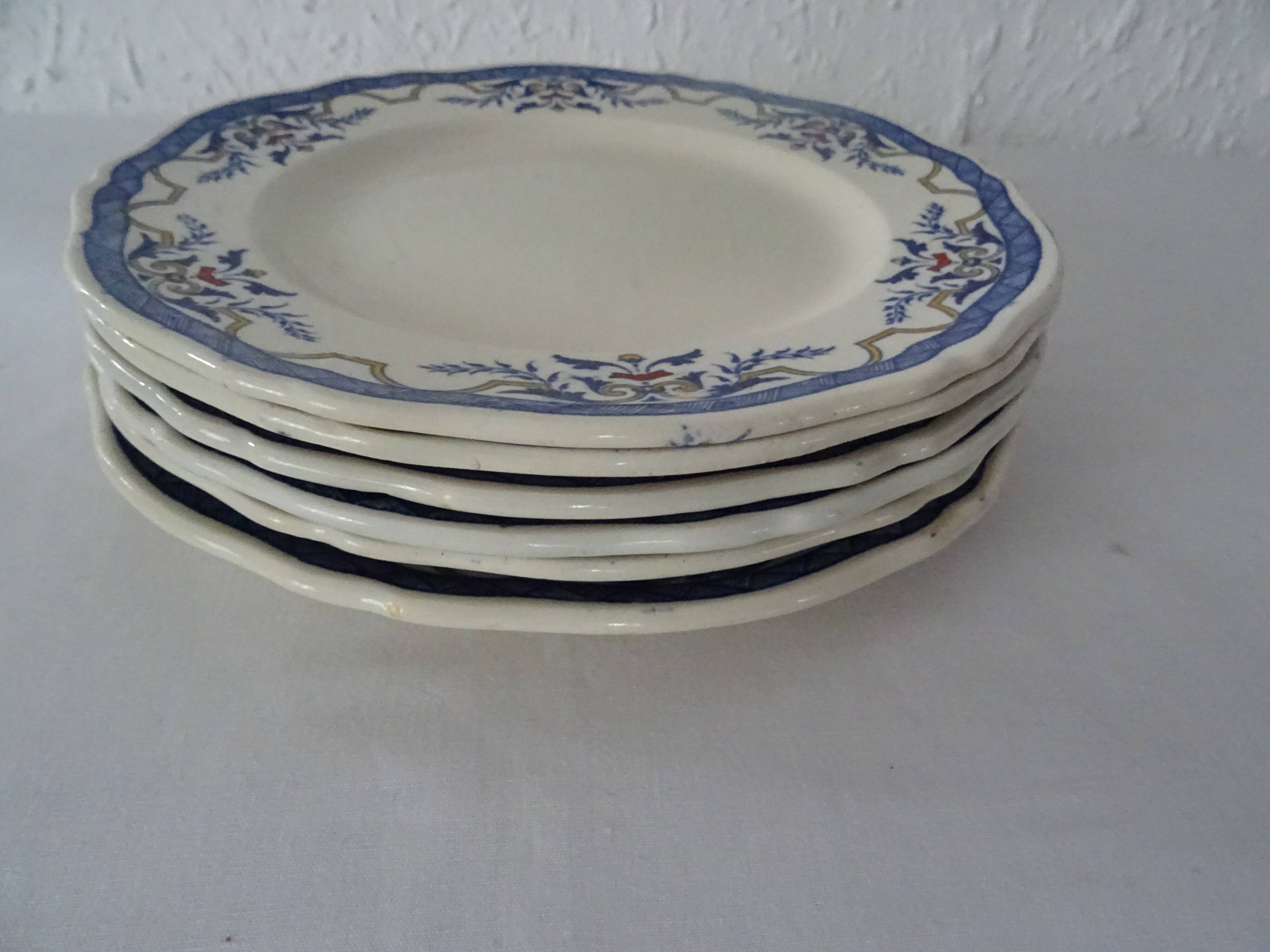 6 plates luneville k & g  villeray décor blue old faience