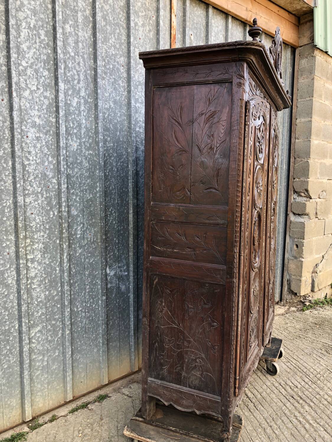 Antique Breton oak cabinet, richly carved