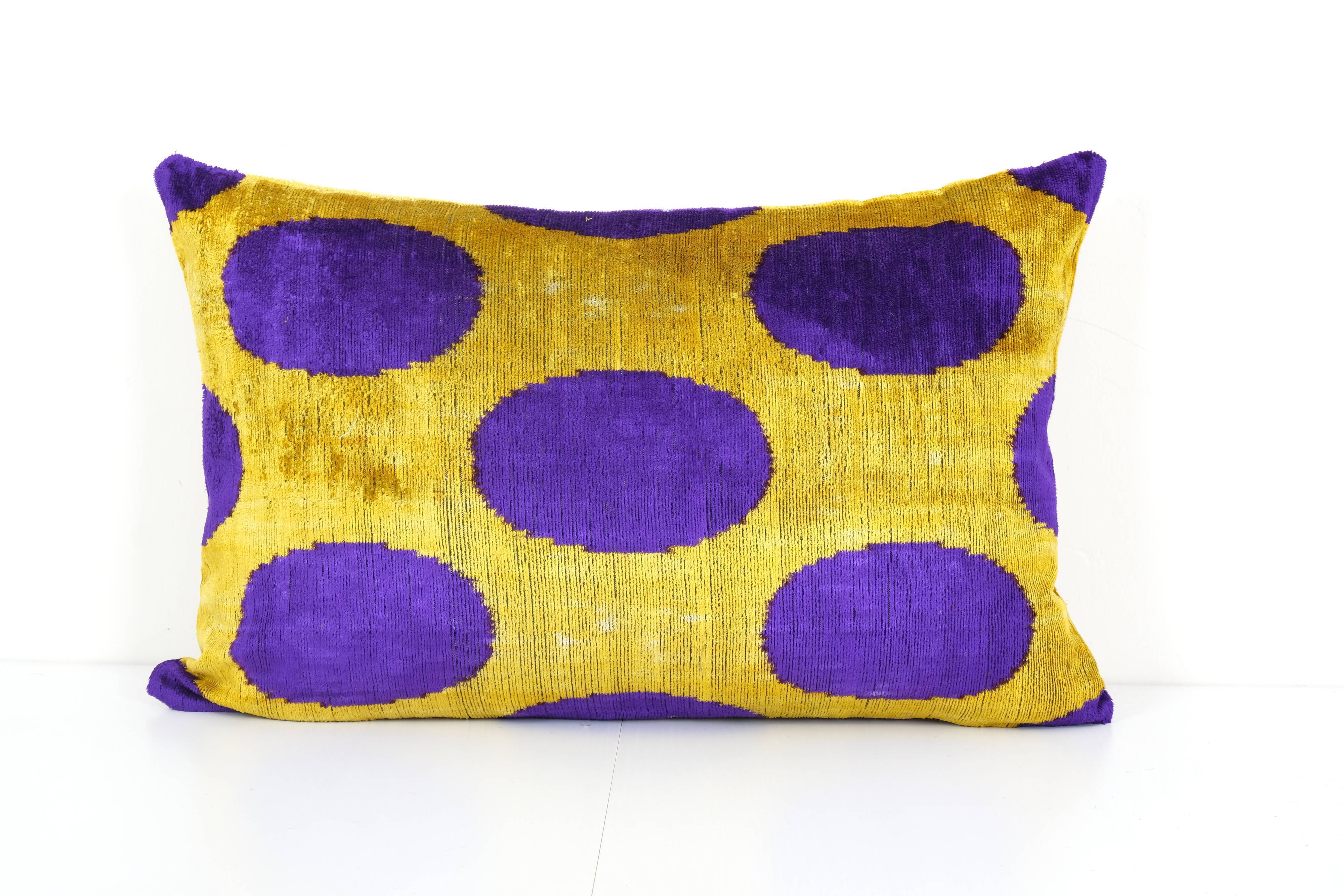 Ikat blue polka dot pillow cover - silk ethnic yellow velvet lumbar pillow cover - ethnic decorativ