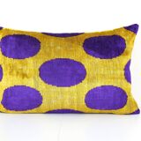 Ikat blue polka dot pillow cover - silk ethnic yellow velvet lumbar pillow cover - ethnic decorativ