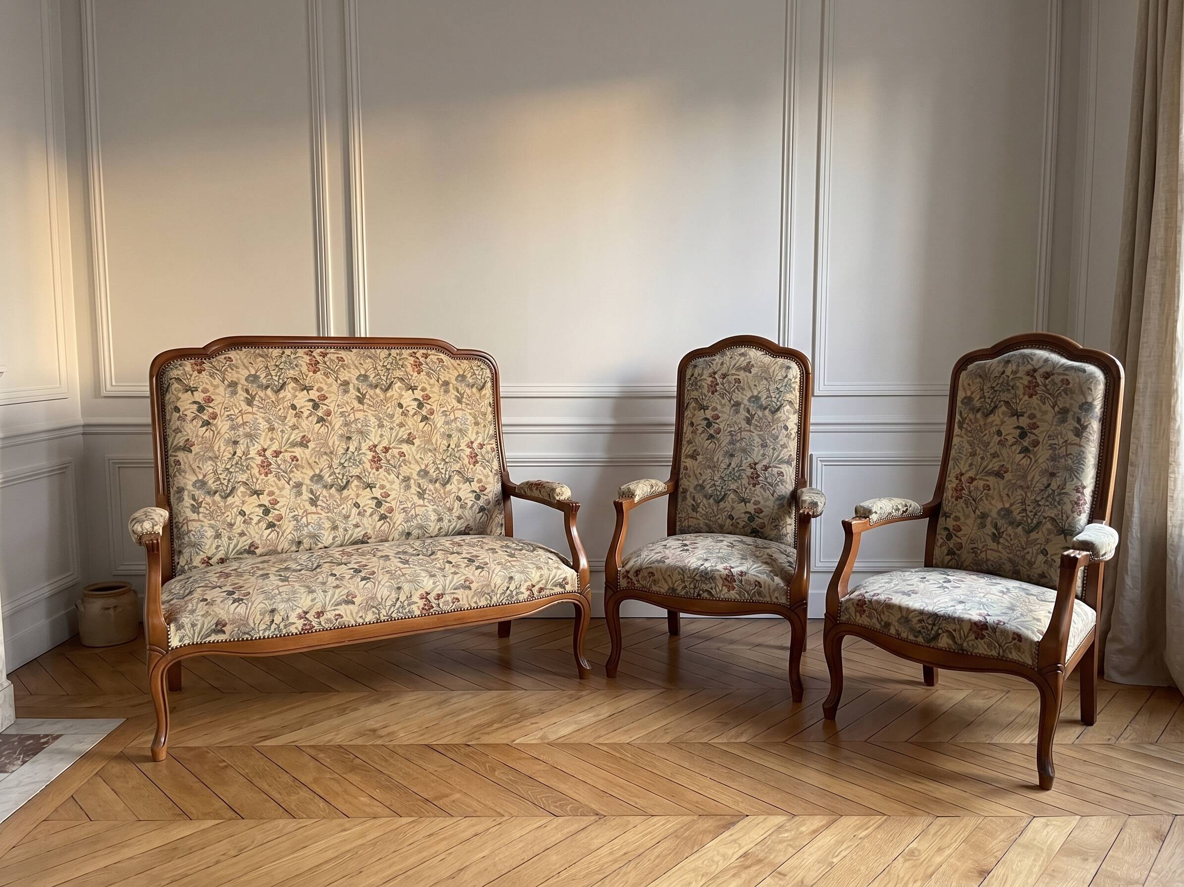 Salon style Louis XV complet en bois massif – Canapé + 2 fauteuils - très bon état