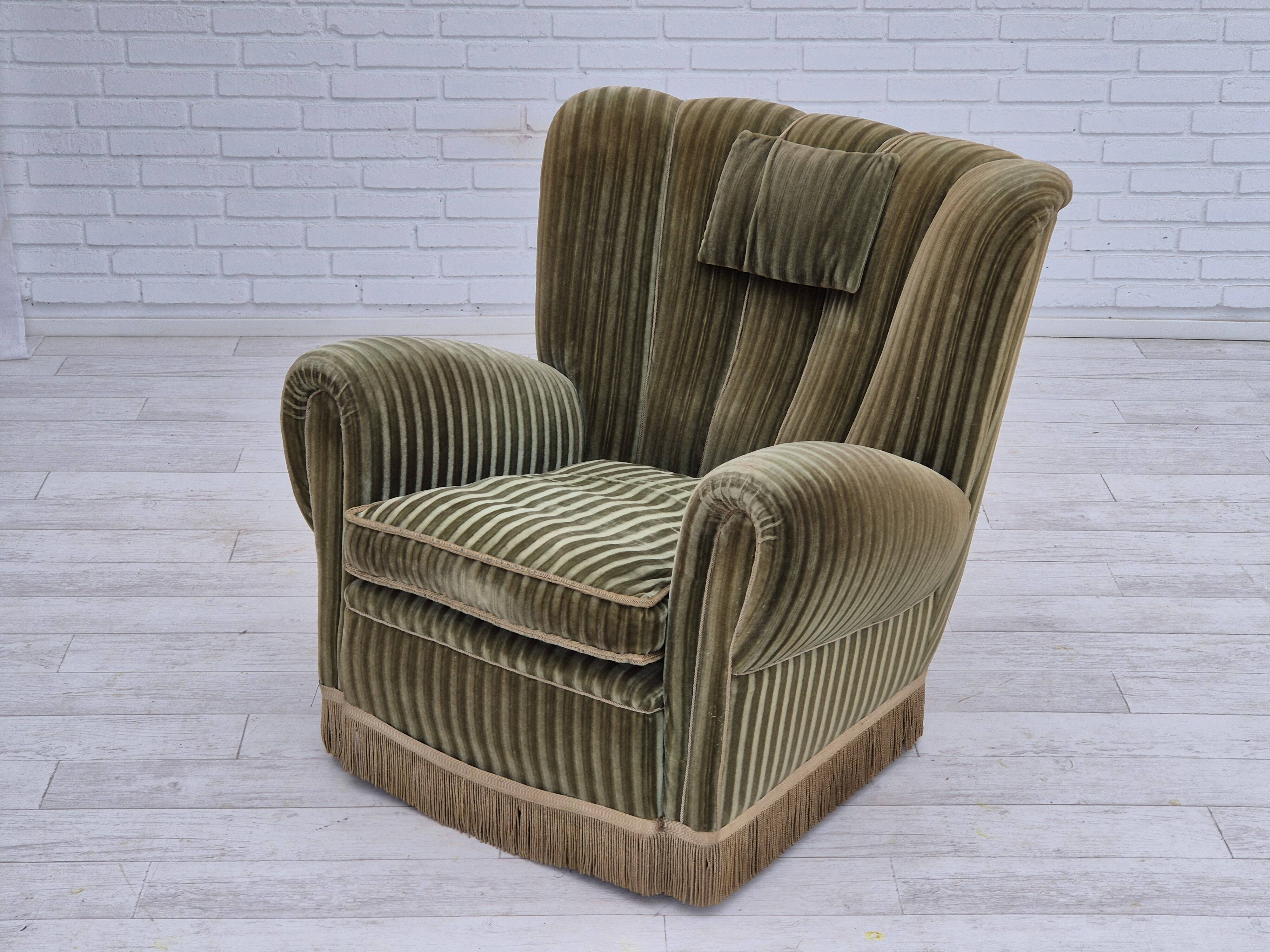 1960s, Danish relax armchair, original condition, green furniture velour.