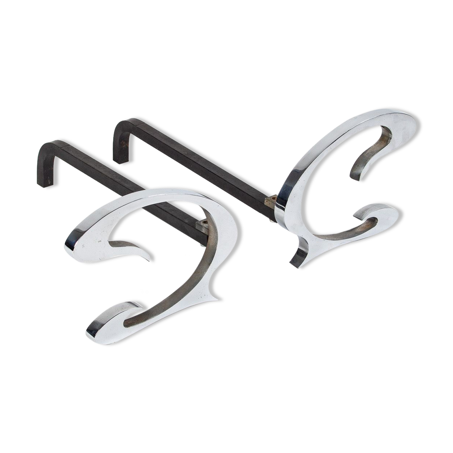 Pair of brushed steel chenets by Jean-Paul Créations circa 1970s