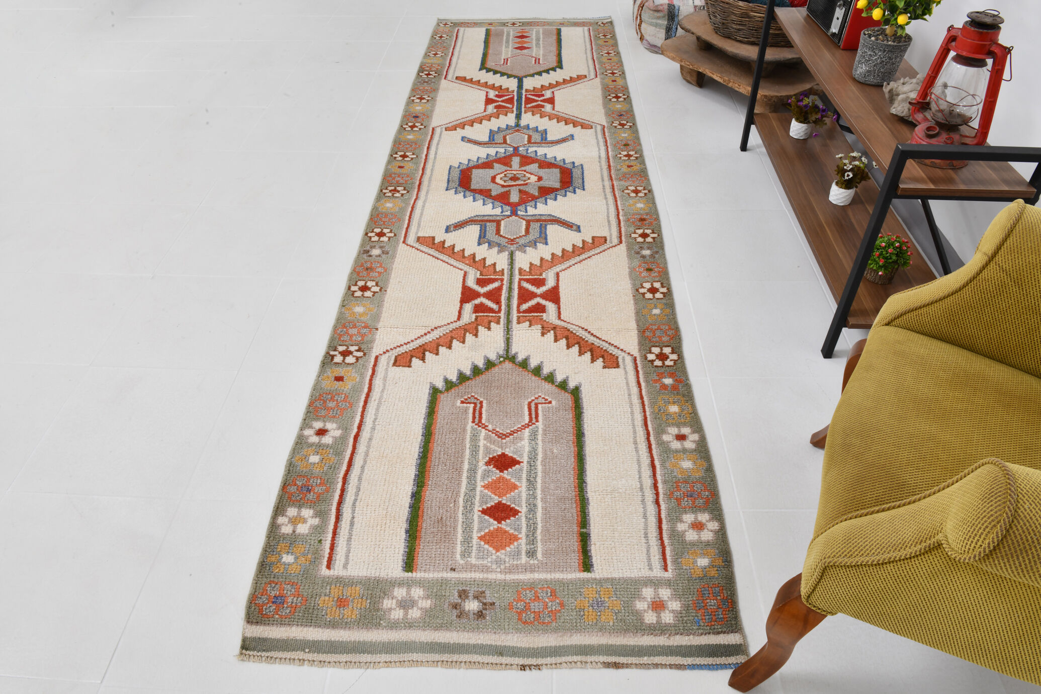 3x11 geometric oushak runner rug,97x348cm