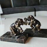 Art Deco Elephant Bookends. In regula on a black veined marble base. Rare model