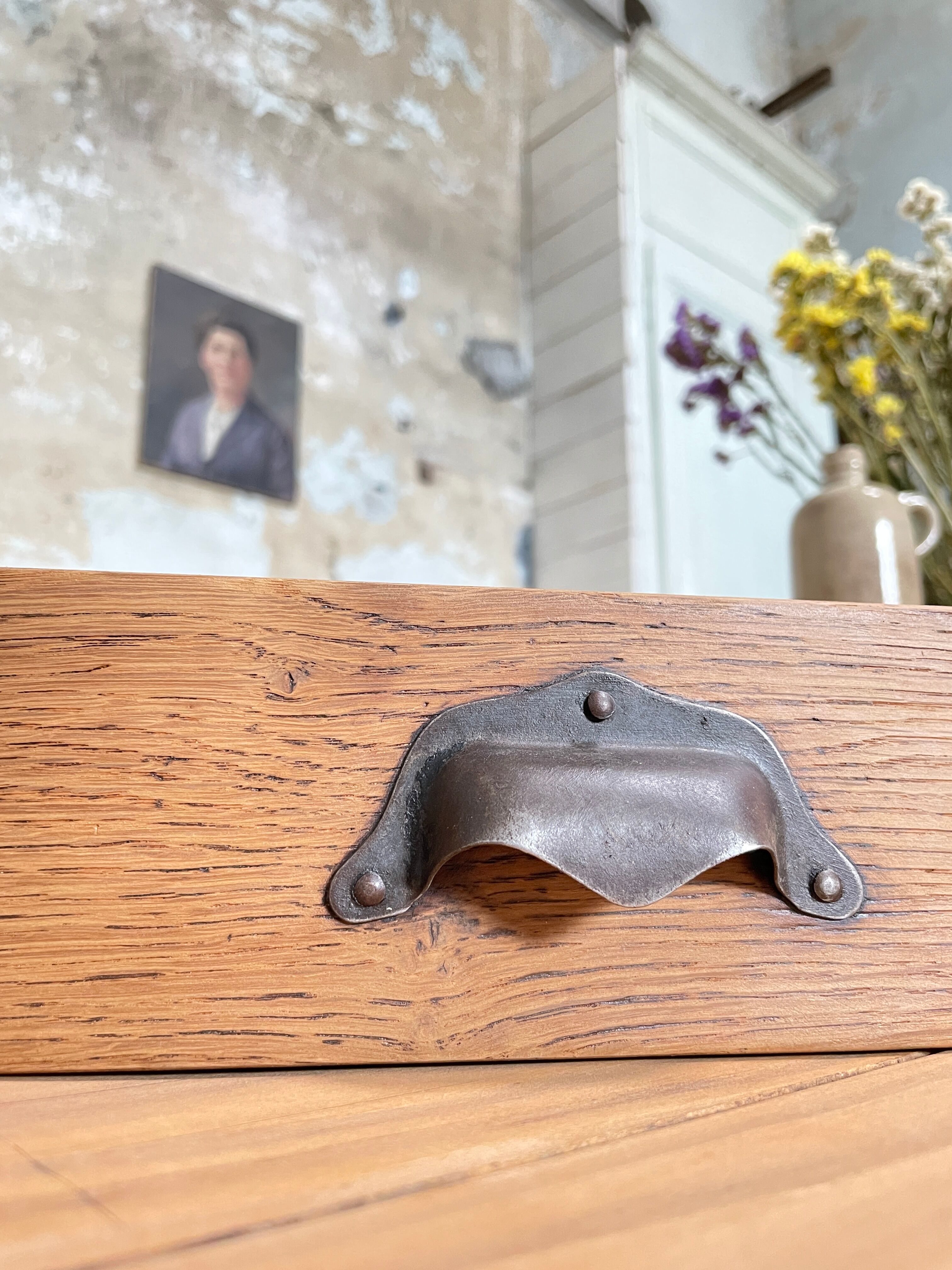 Vintage farmhouse table with spindle legs.