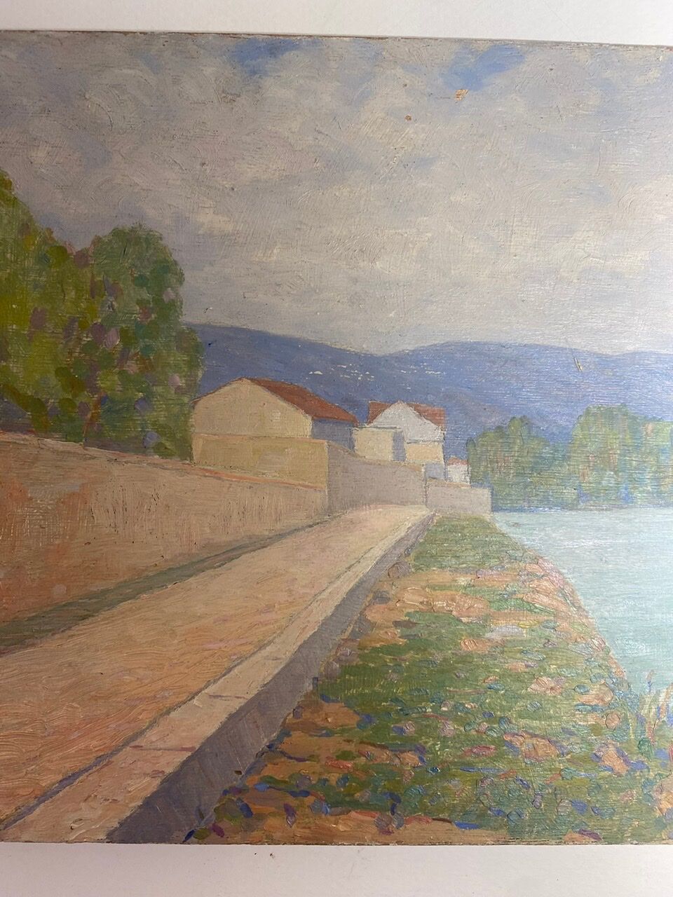 Tableau ancien, double face, paysage bord de Saône, début XX siècle