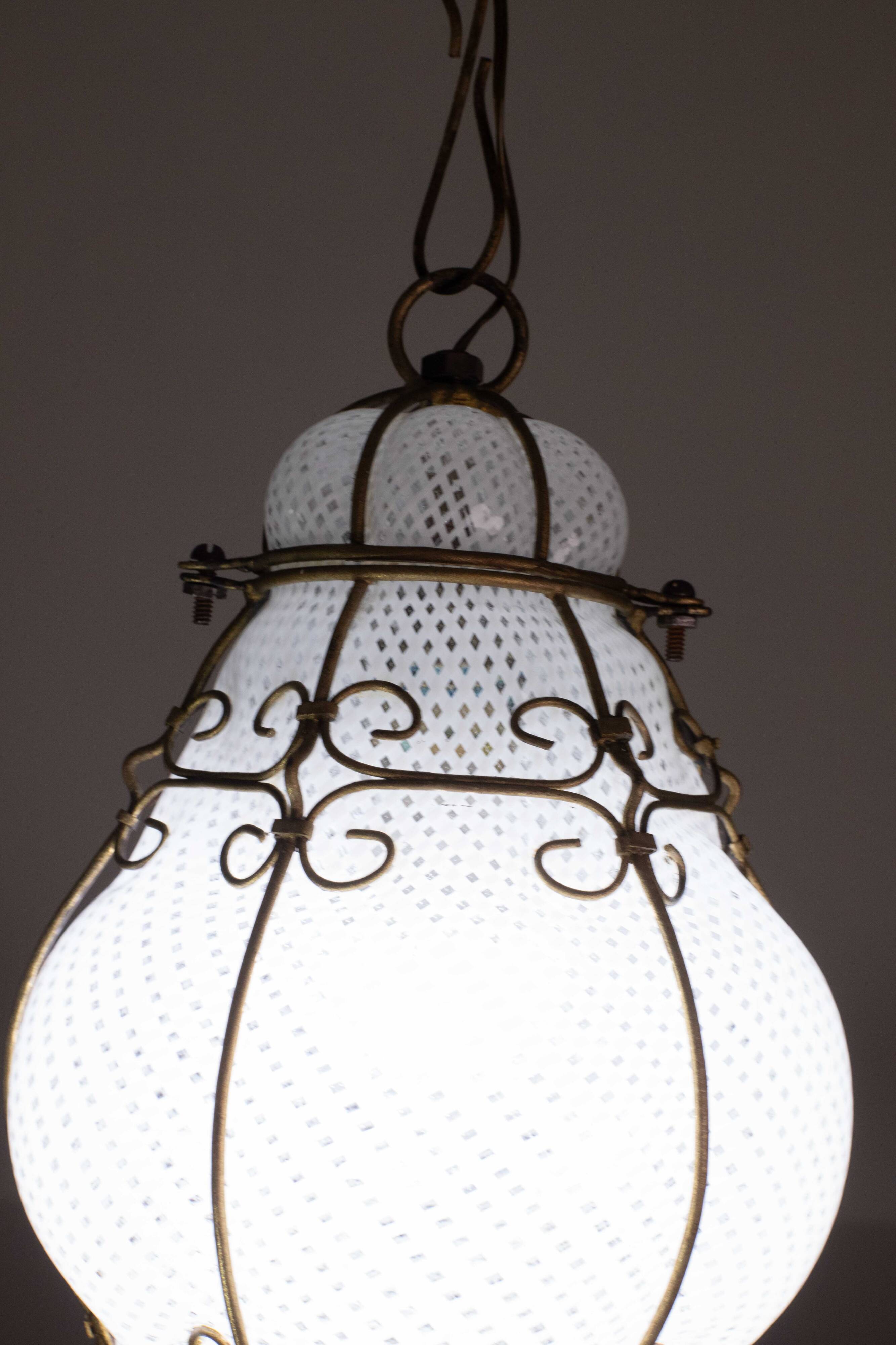 Extraordinary Venetian Lantern in Murano Reticello Glass, 1940s