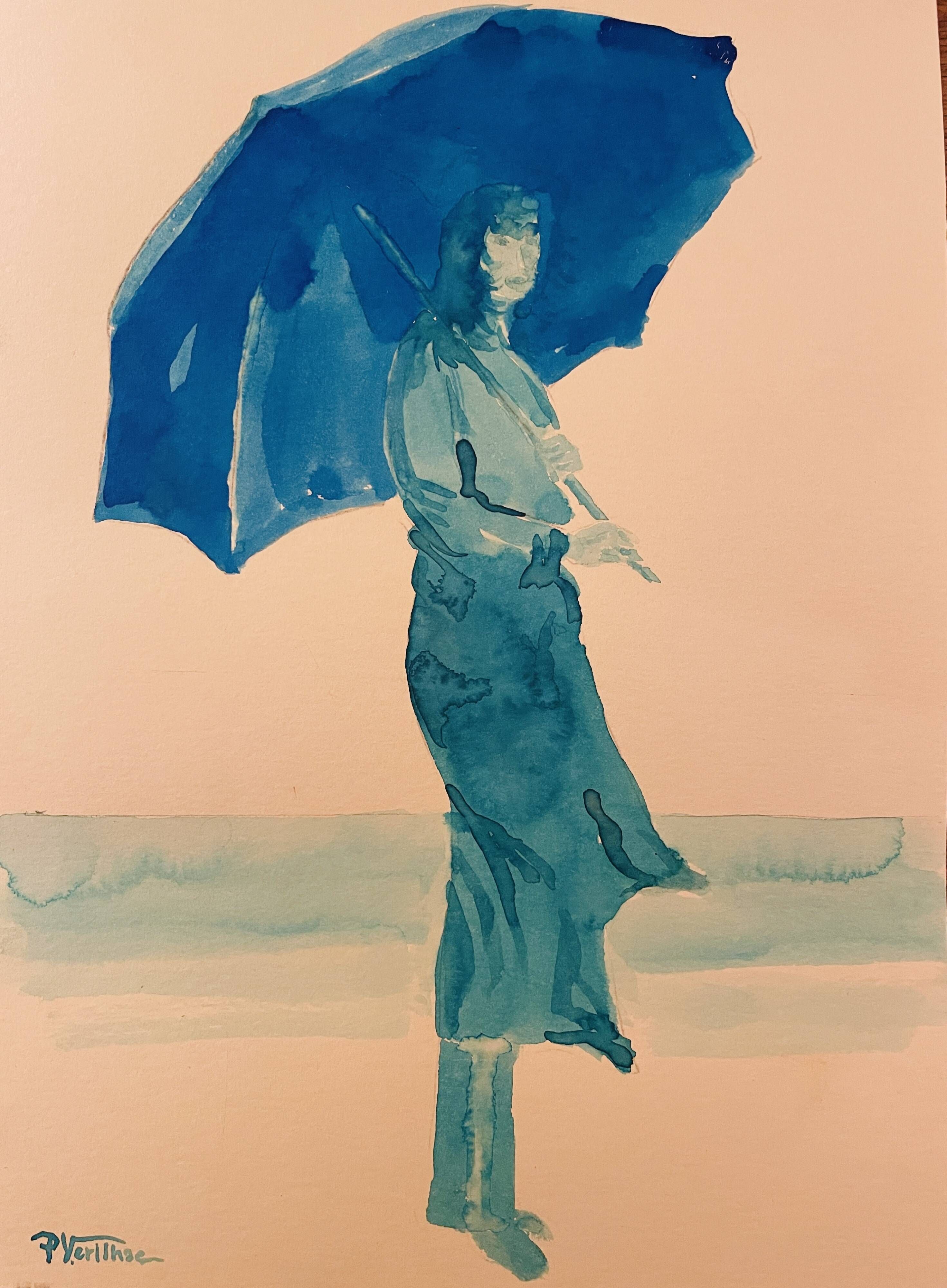 Monochrome blue painting signed female portrait "weekend in Deauville"