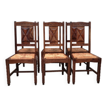 6 chaises Art Déco en chêne et paille style Gaston Poisson, Dudouyt