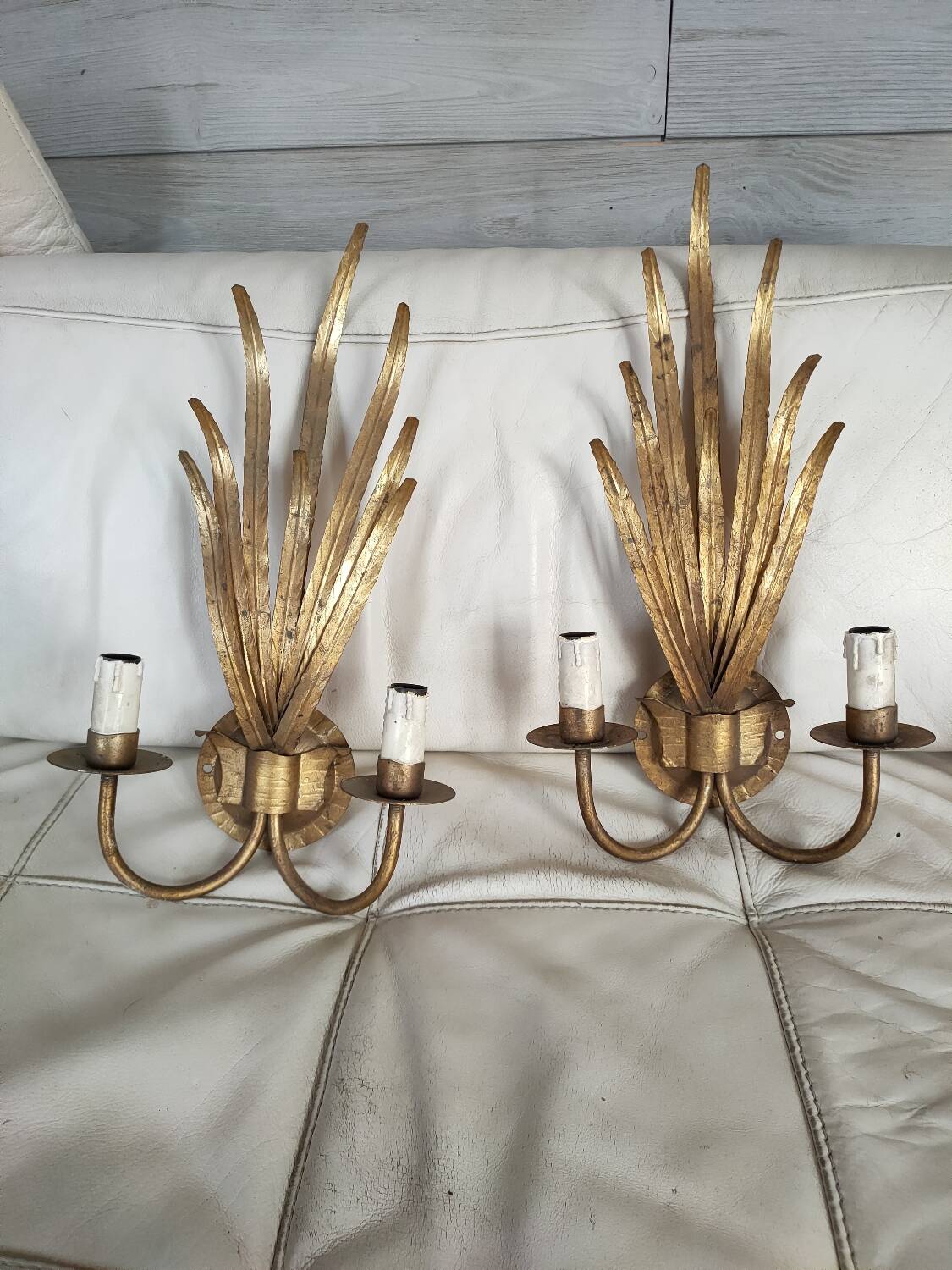 Pair of vintage wall lights, two golden arms, foliage
