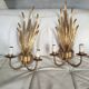 Pair of vintage wall lights, two golden arms, foliage
