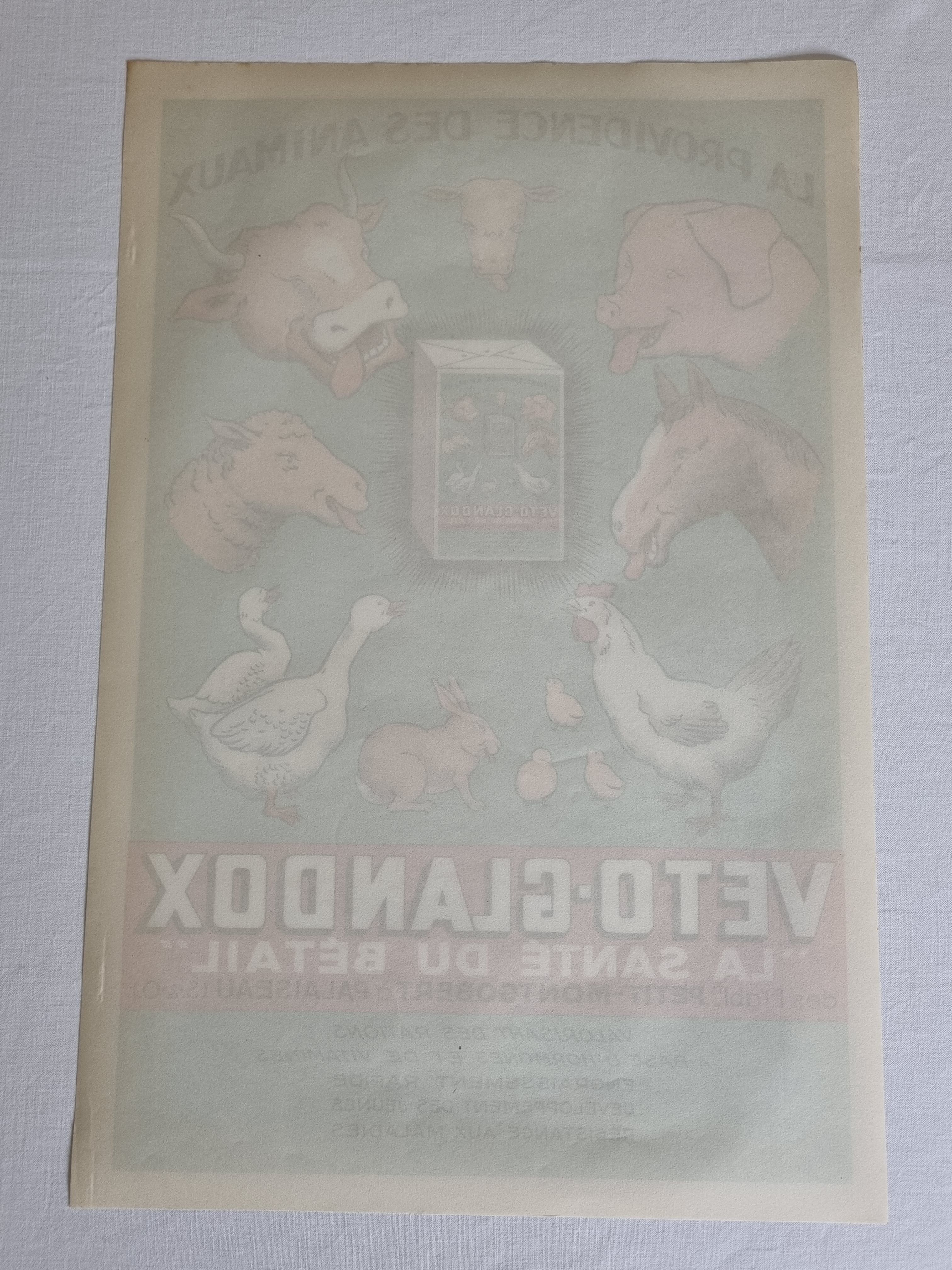 Affiche publicitaire "Véto-Glandox", la providence des animaux, la Santé du bétail, années 40