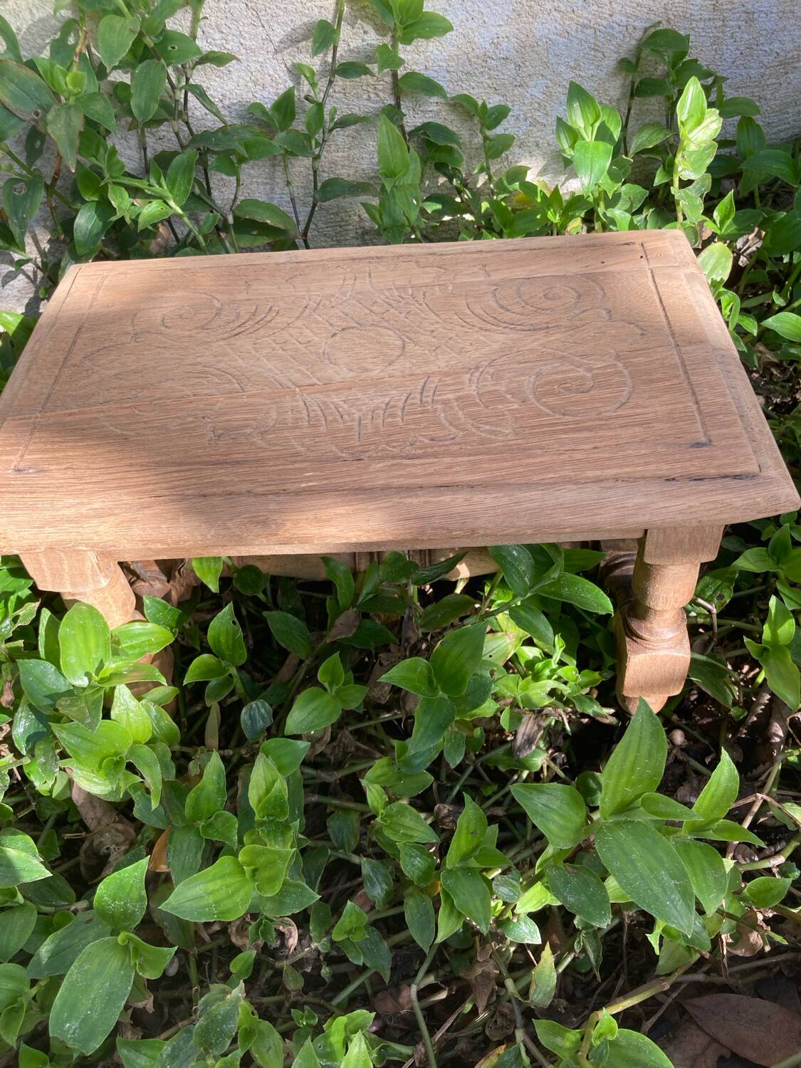 Small stool rustic raw oak sculpted top