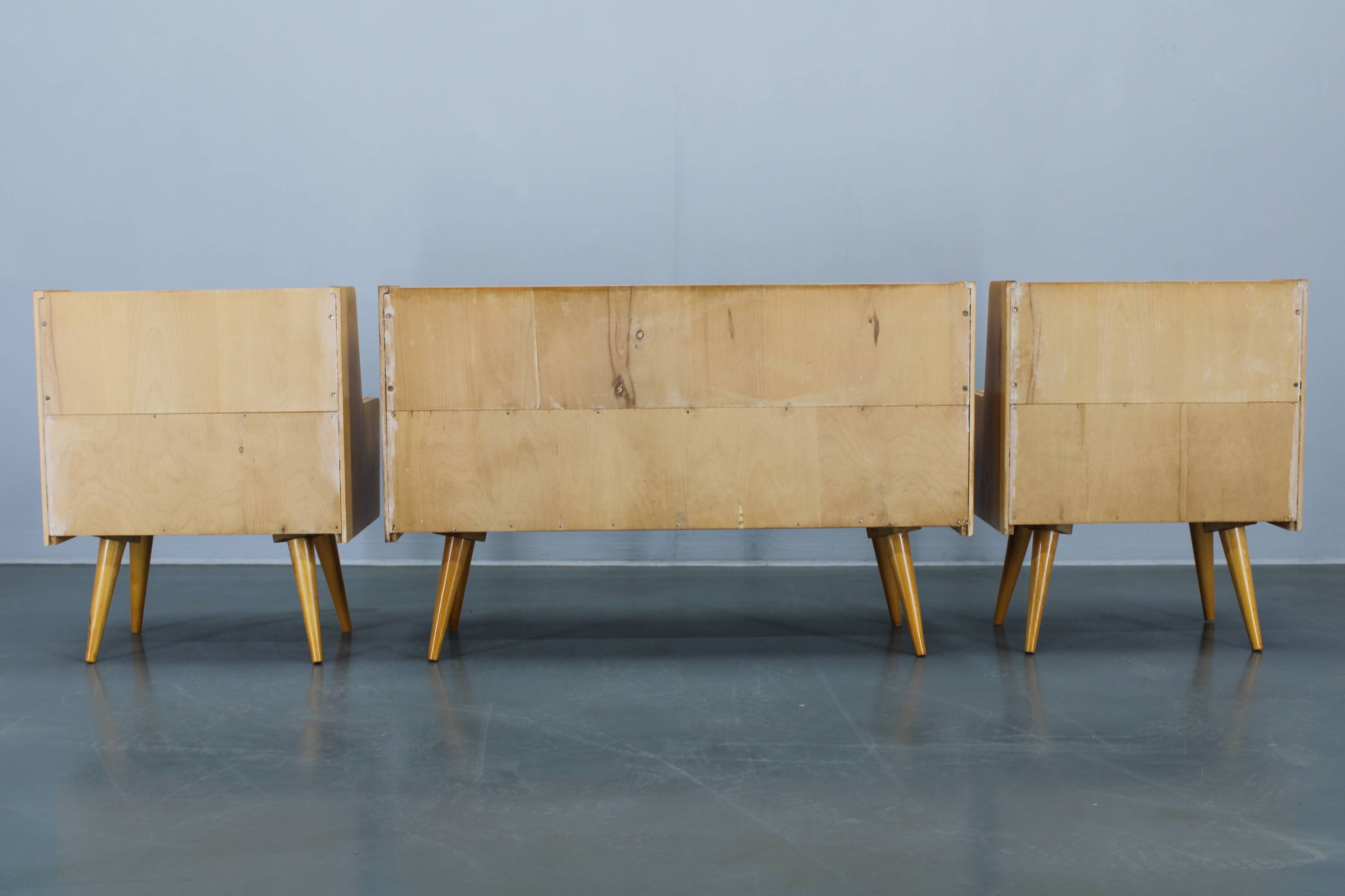 1960s Set of Night Stands and Chest of Drawers with Glass Shelf ,Czechoslov