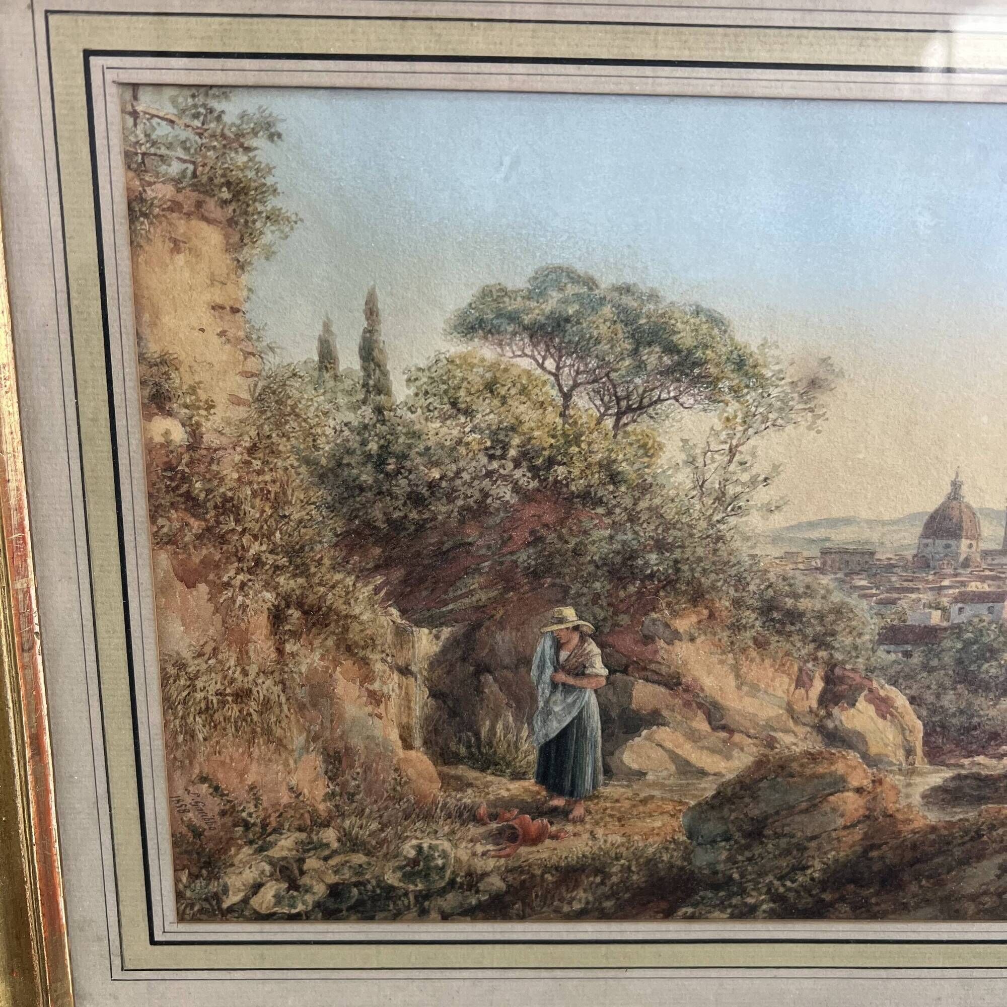 Luigi Garibbo 1858 - Italy view from Florence young woman - Tempera painting