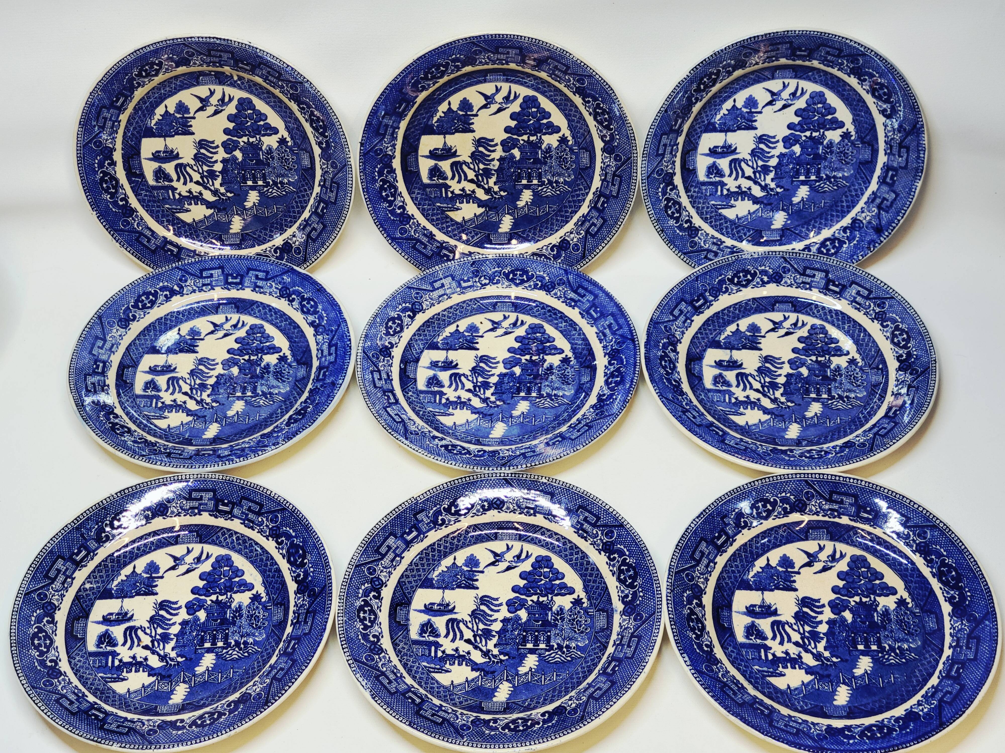 9 Antique Plates 19th Century Blue Willow Pattern Chinese Blue Decor