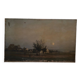 Oil on canvas moonlit landscape early 20th century