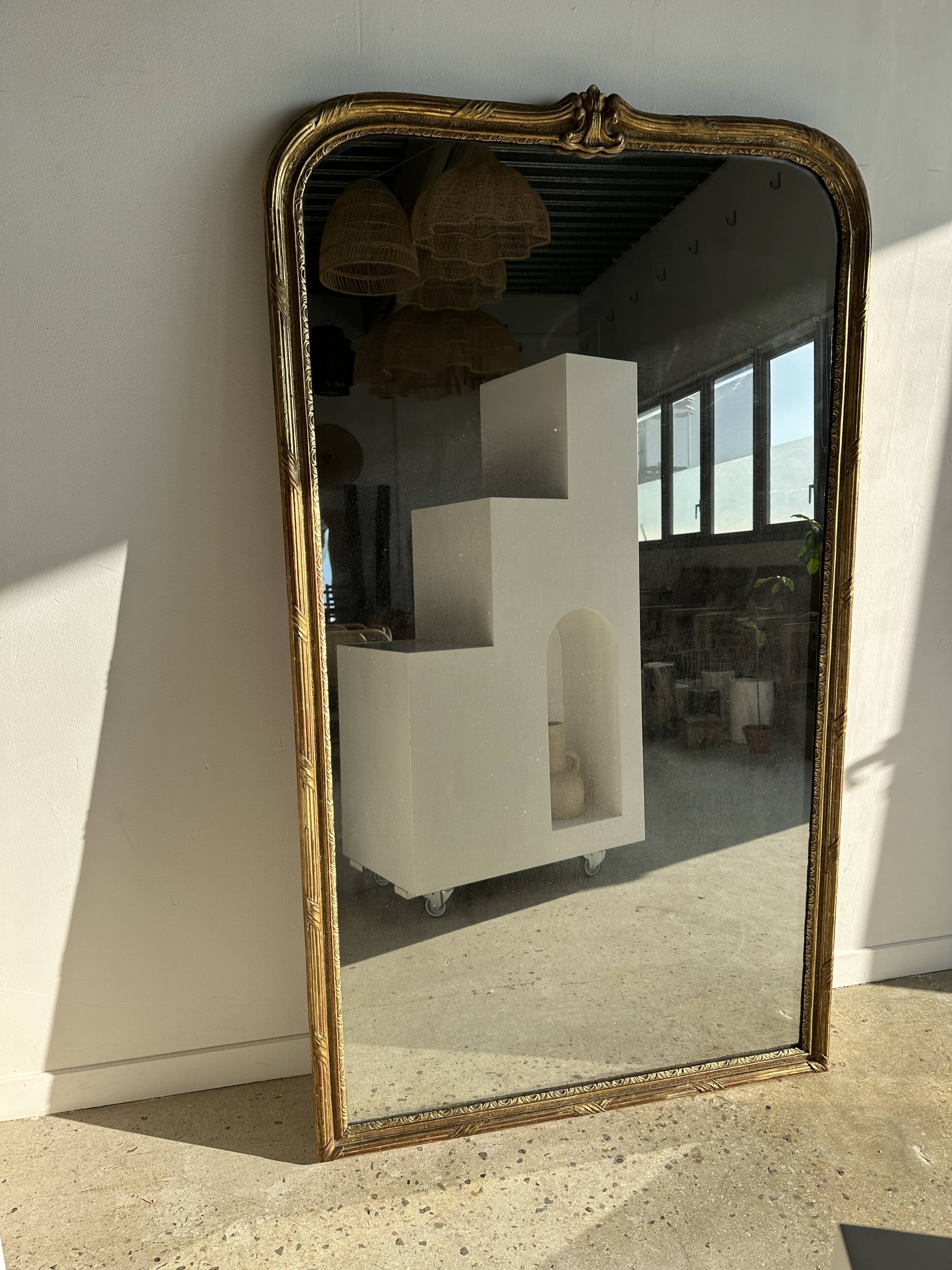 Large gilded mirror 19th century rounded corners mercury glass Louis XVI style
