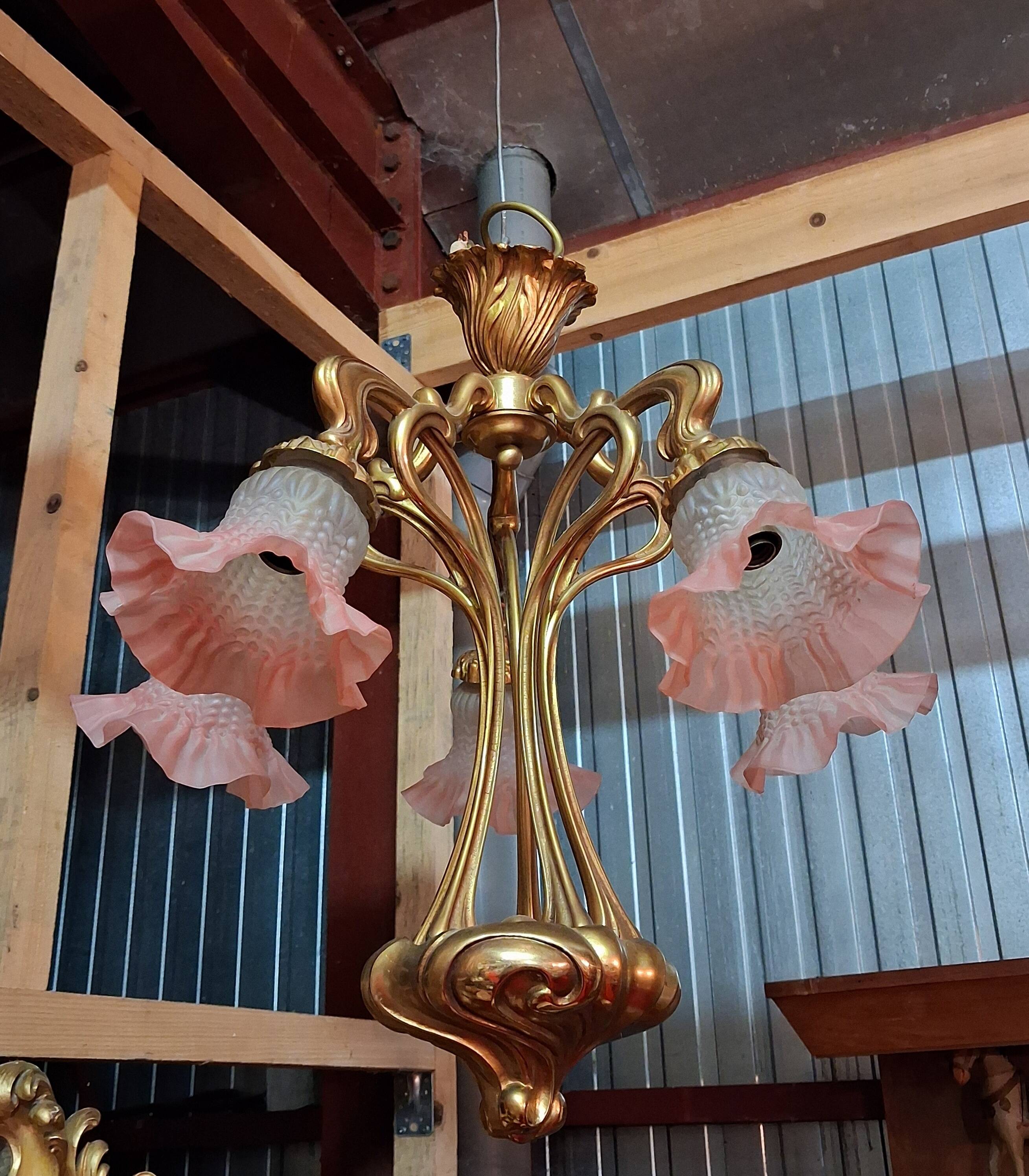 Art Nouveau bronze chandelier with five lights / Nancy school style