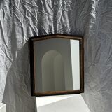 Small antique English rectangular mirror with pediment and oak frame