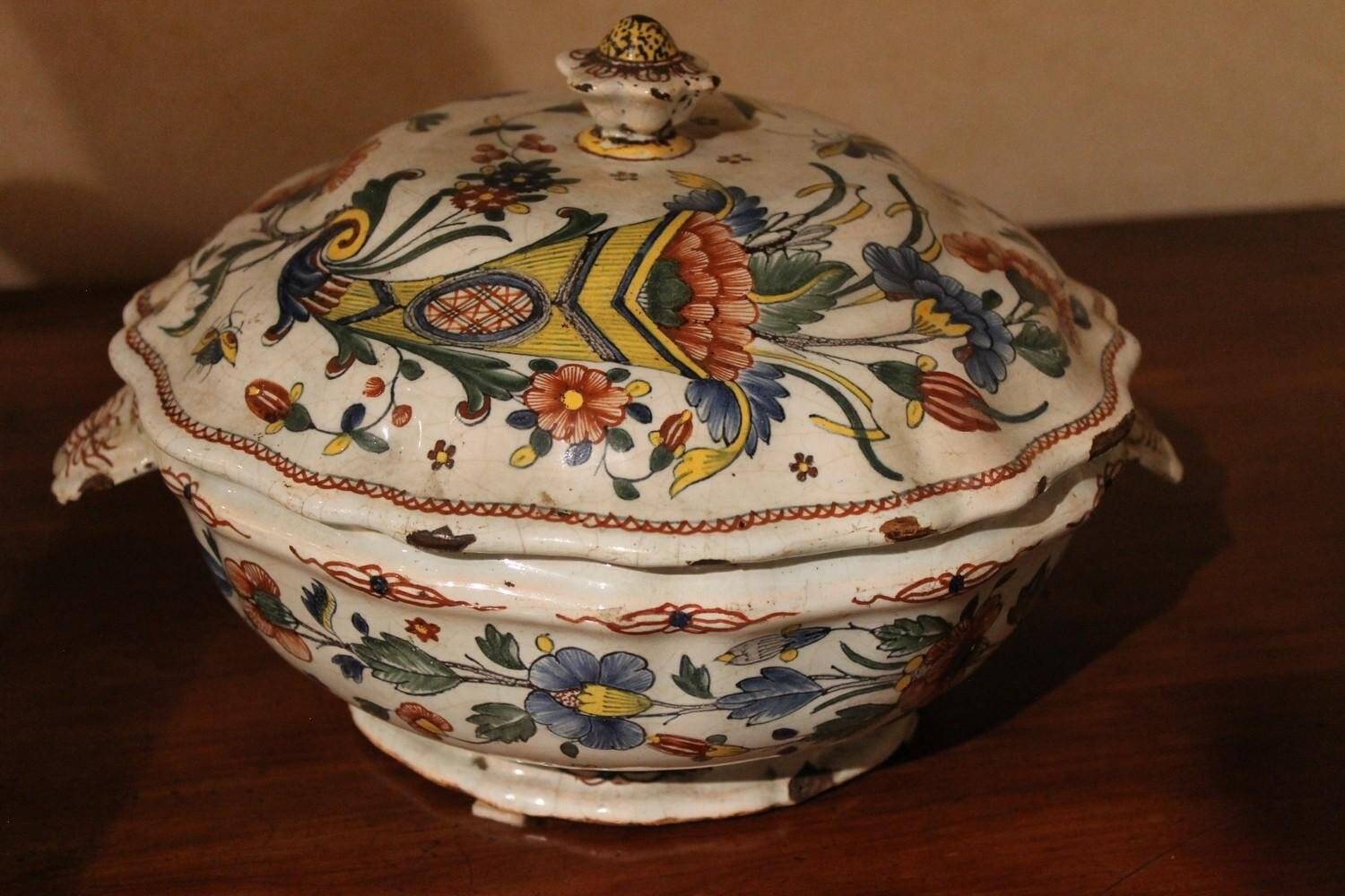 Antique French Faience Lidded Bowl Tureen Hand Painted with Flowers and Insects