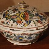Antique French Faience Lidded Bowl Tureen Hand Painted with Flowers and Insects