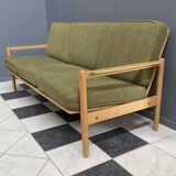 canapé 3 places en tissu vert et bois années 1960
