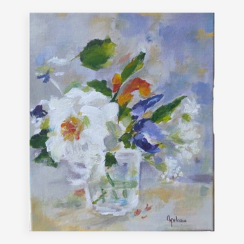 Painting with Bouquet of White Rose and Iris
