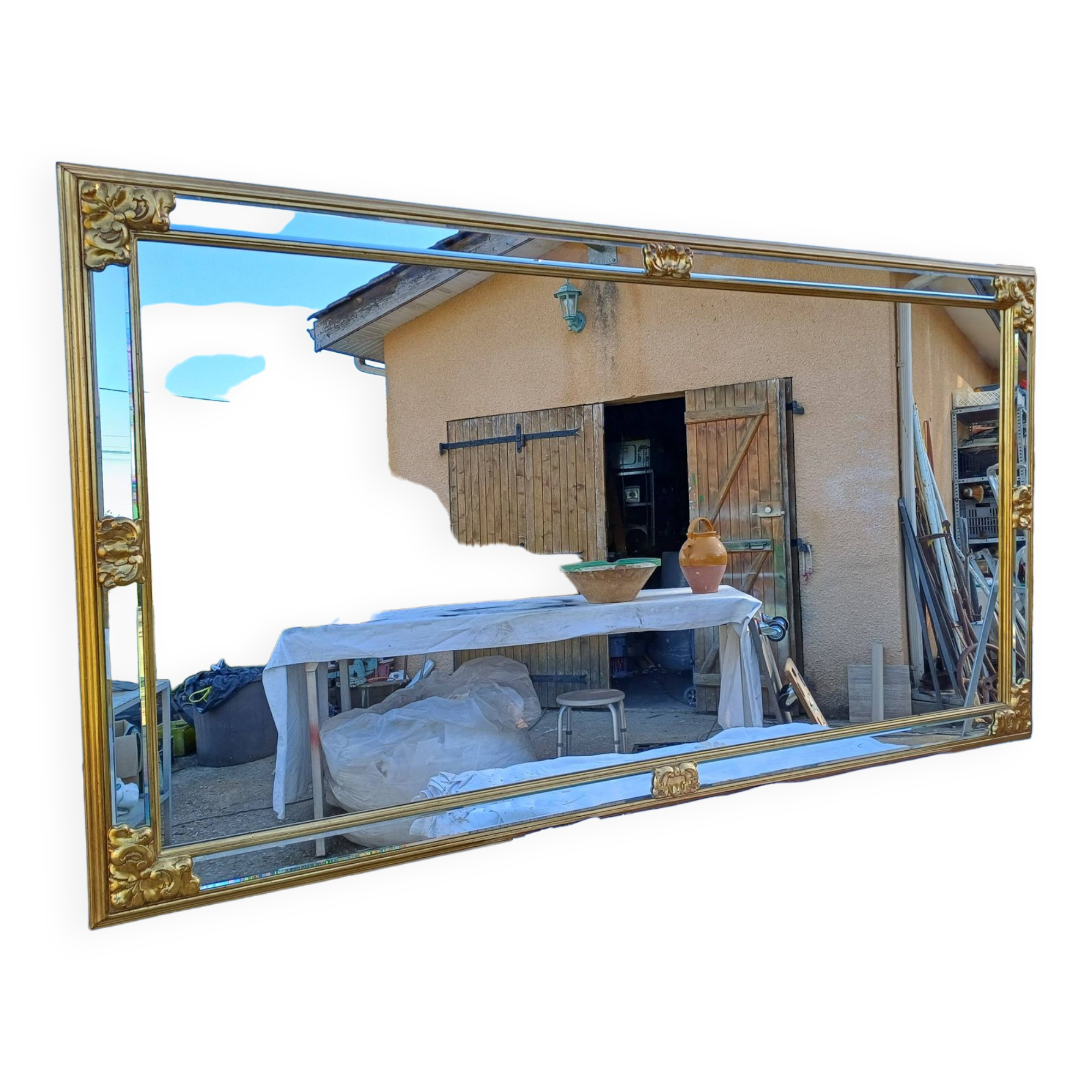 Pareclose and Beveled Wood and Golden Stuk Mirror