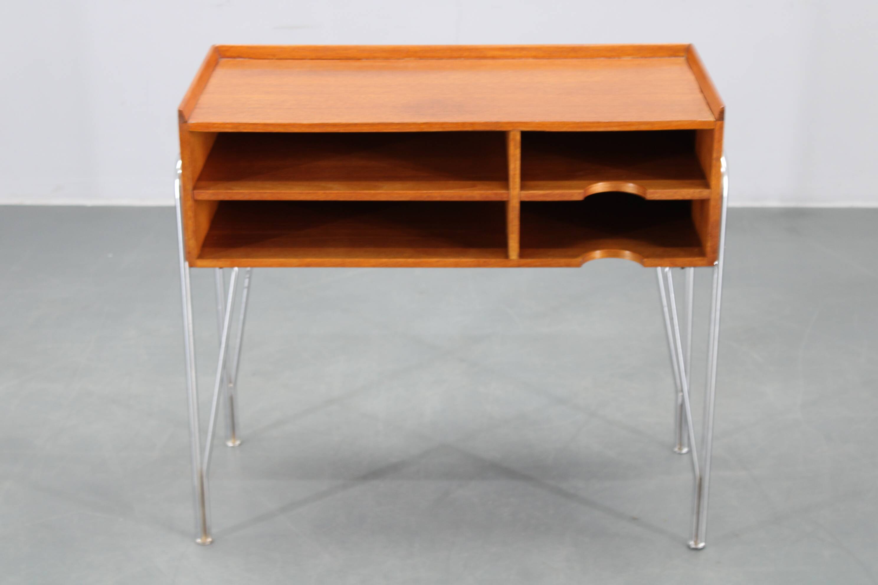 1960s Danish teak shelf cabinet with chrome plated legs