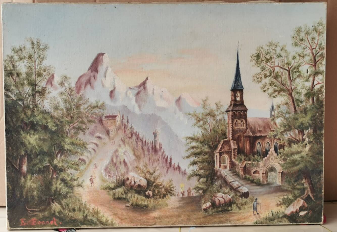 Oil / canvas Landscape of a mountain village from the 19th century François Bonnet (1811-1