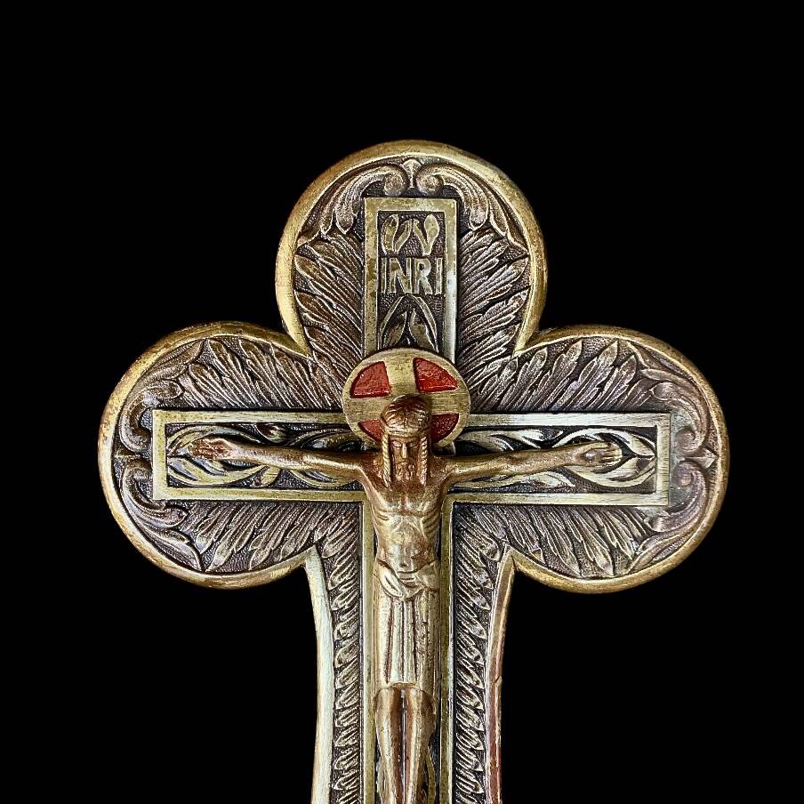 Old holy water stoup crucifix – patinated bronze