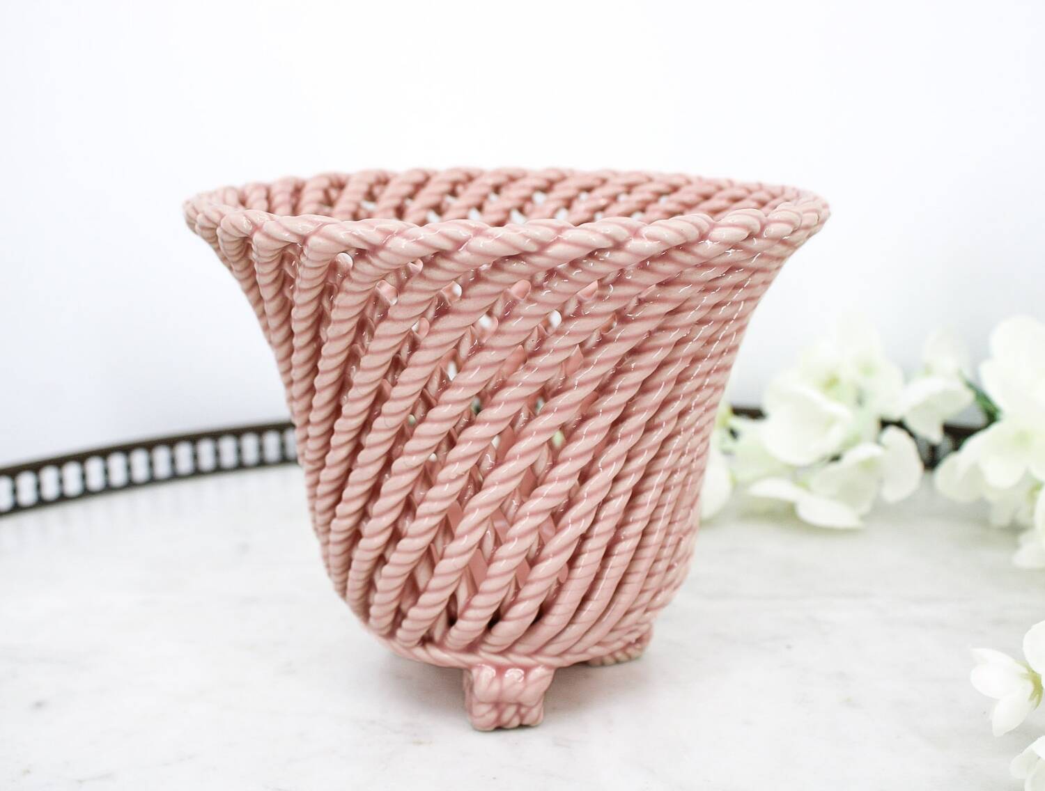 Small vintage handmade plant pot in pink woven ceramic
