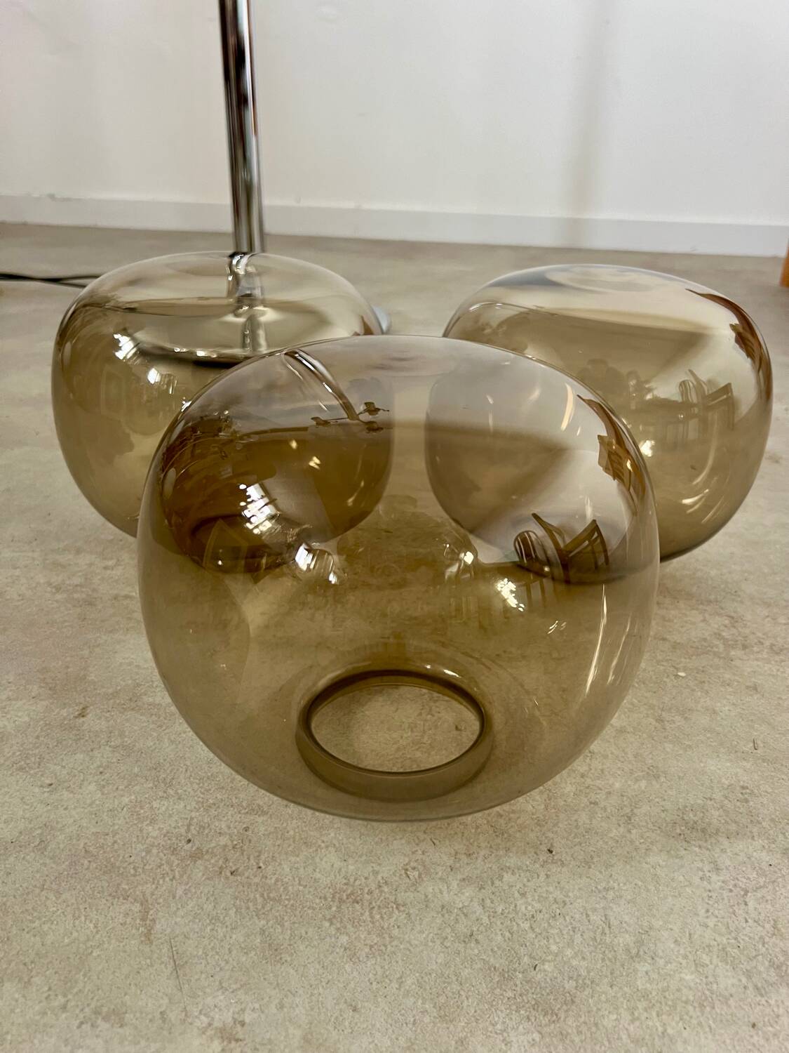 Old 3-light chrome and smoked glass floor lamp Italian design from the 70s vintage