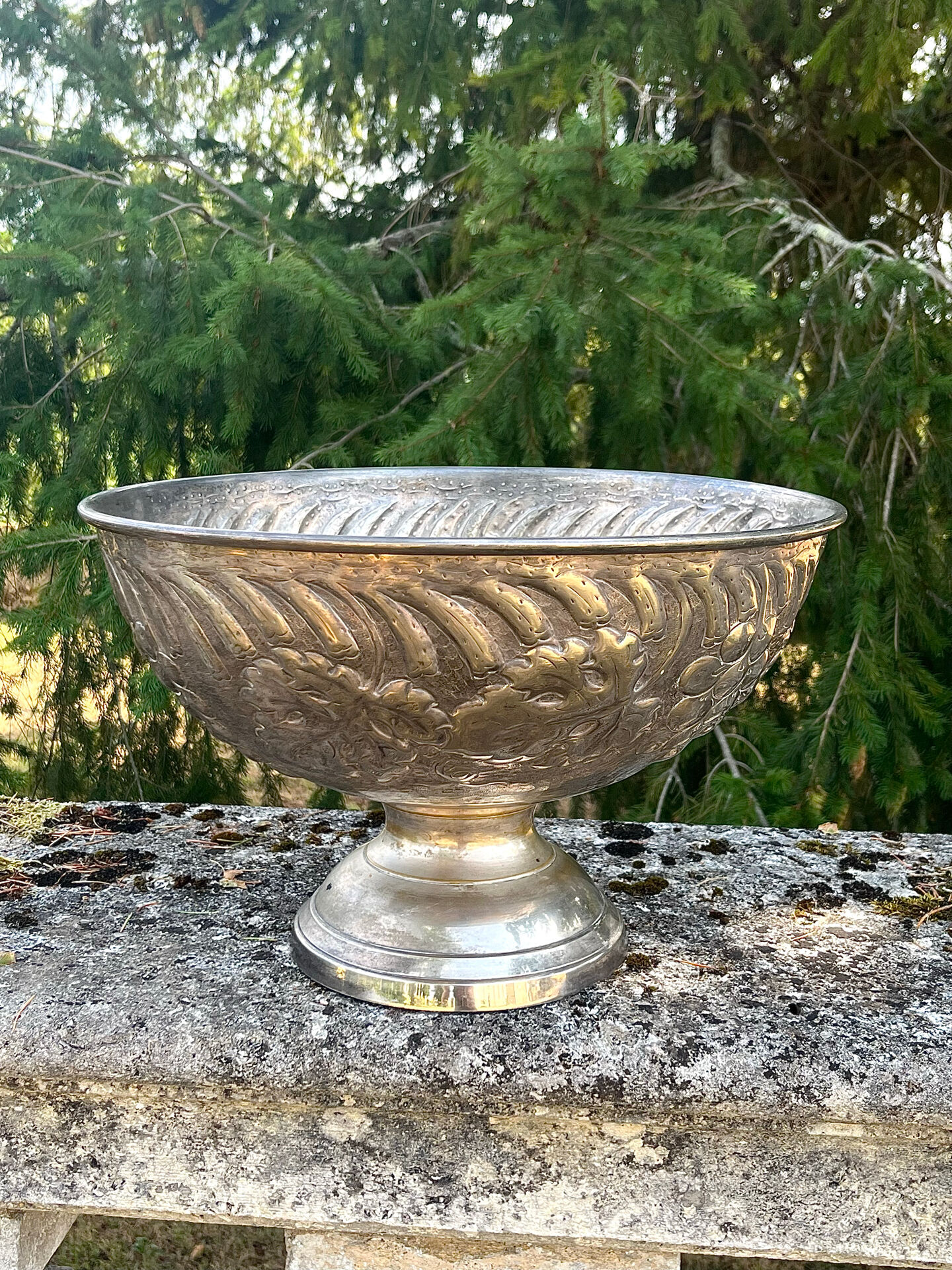 Large silver plated champagne cooler bowl on pedestal with grape