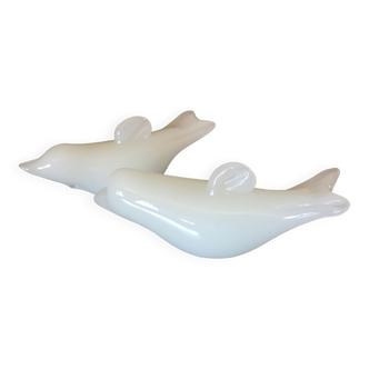 Pair of birds sculpture paperweight blown glass white opaline