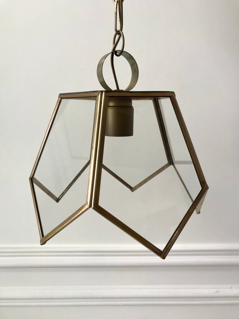 Brass pendant lamp and graphic gilded glass 60s-70s