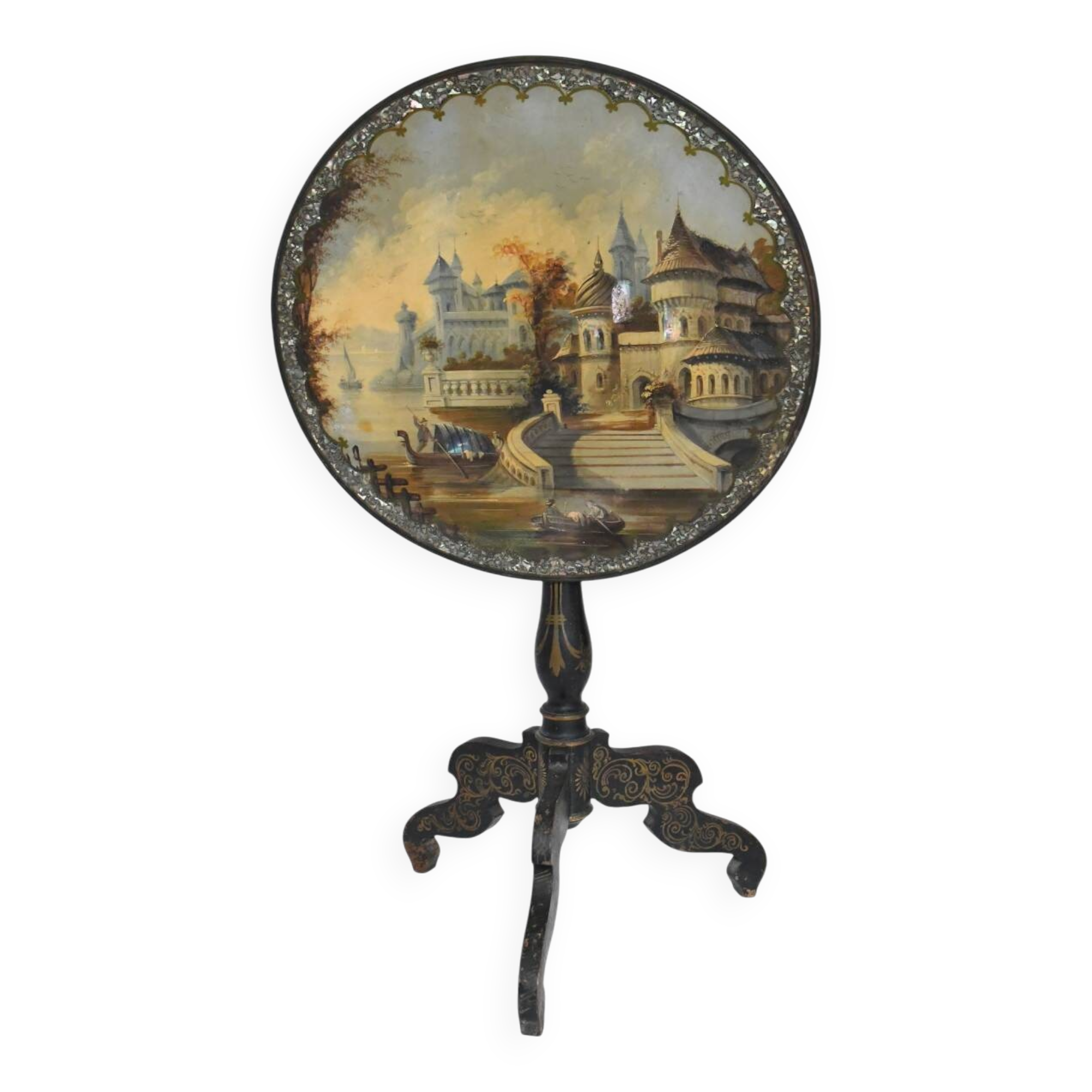 Napoleon III period gueridon in blackened wood with burgauté decoration and painting.