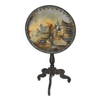 Napoleon III period gueridon in blackened wood with burgauté decoration and painting.