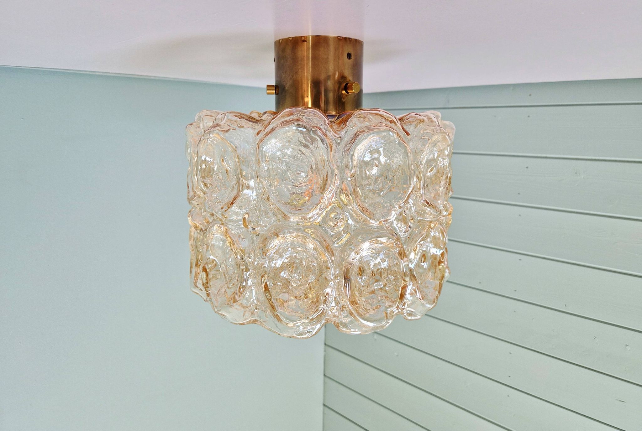 Brass and amber textured glass ceiling light, design by Helena Tynell, Limburg.