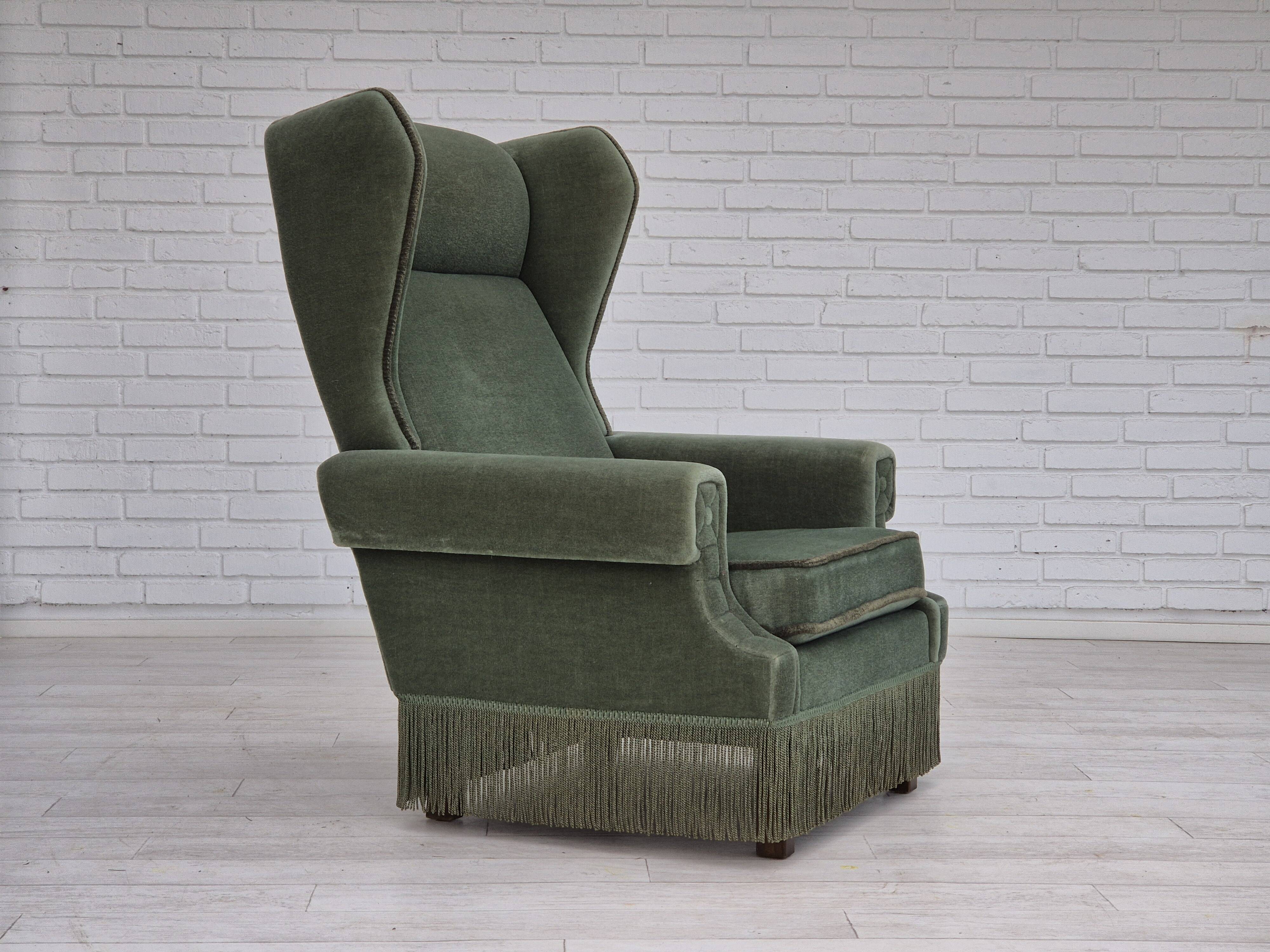 1970s, Danish wingback armchair, original condition, furniture velour, beech wood.