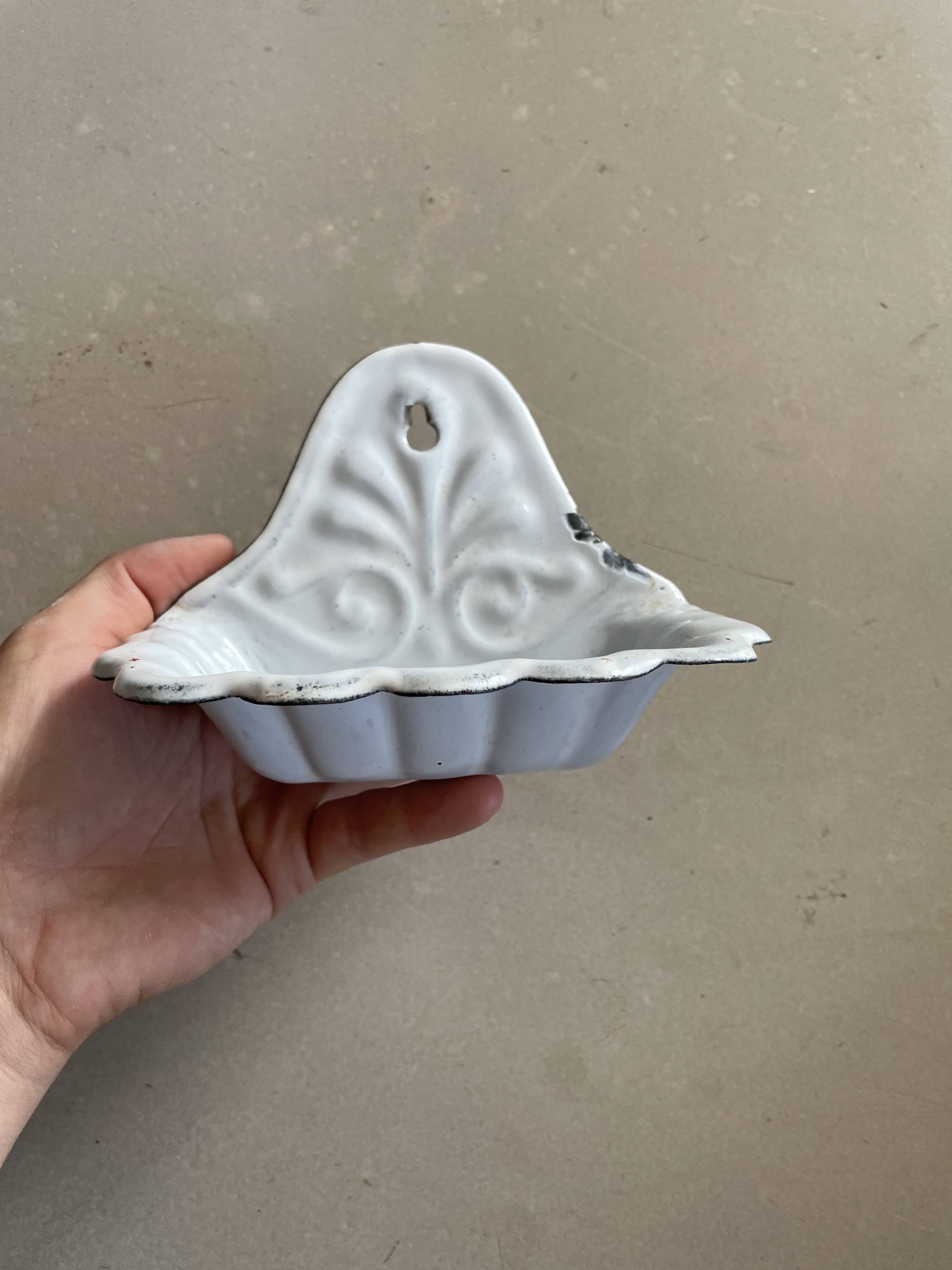 Antique enamelled metal wall mounted soap dish