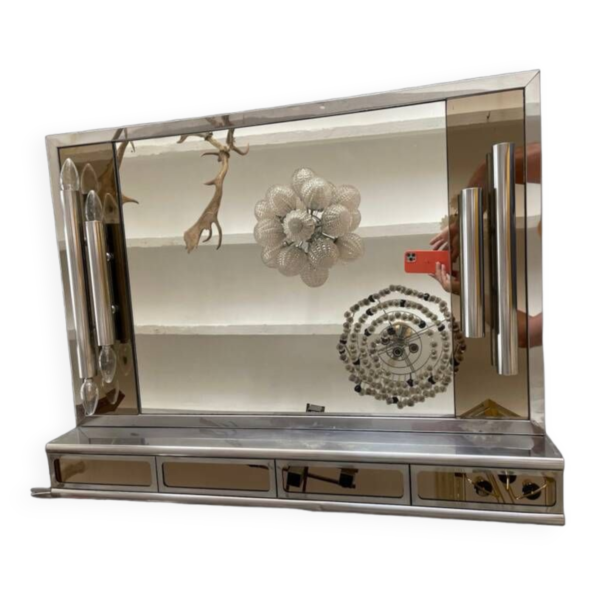 Veca glass chrome mirror and storage, spain 1970s