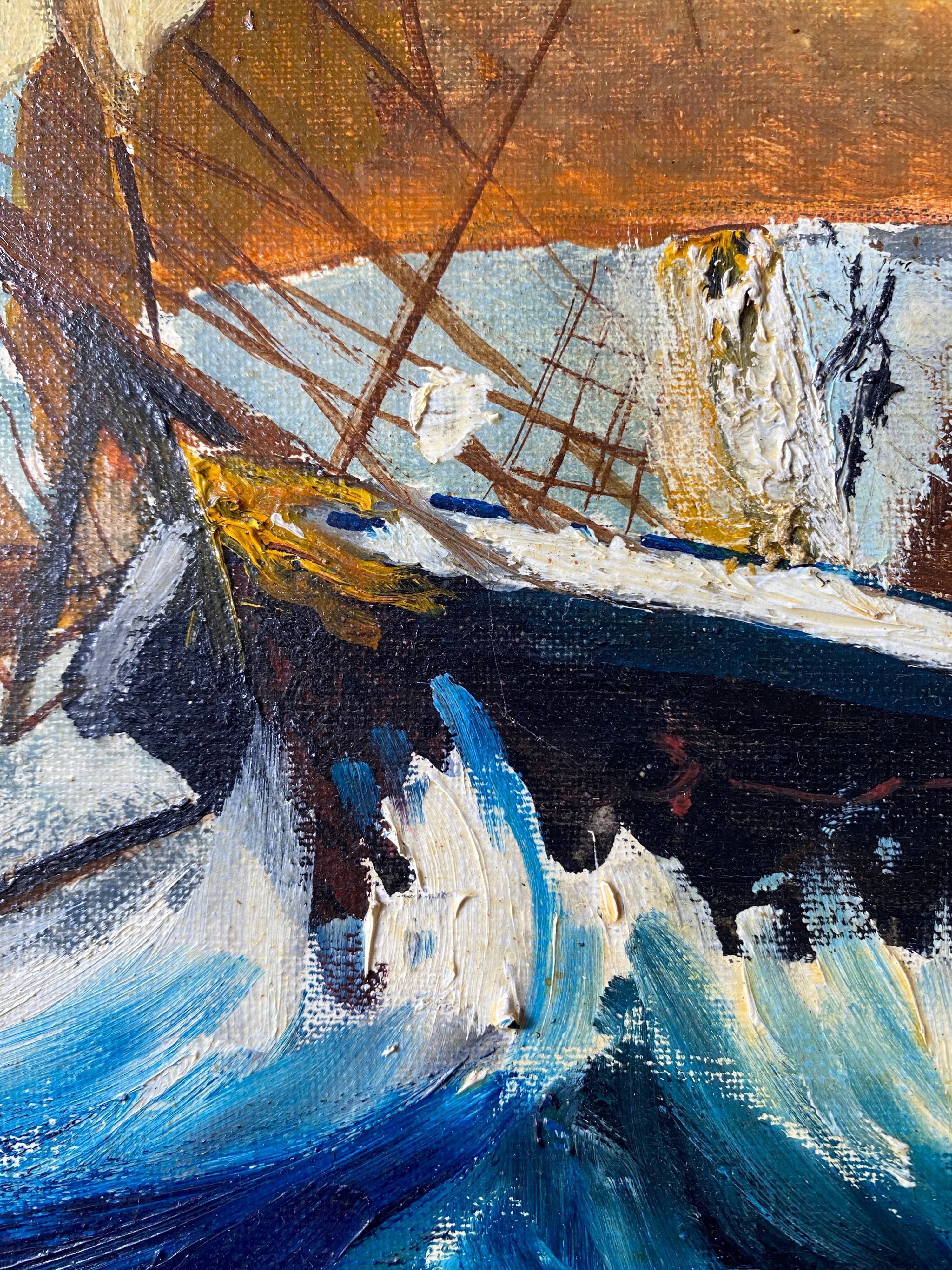 Painting "Three masts in turmoil" HST signed and dated 1978