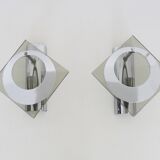 Pair of chrome metal and glass wall sconces, VECA Fontana Arte style.