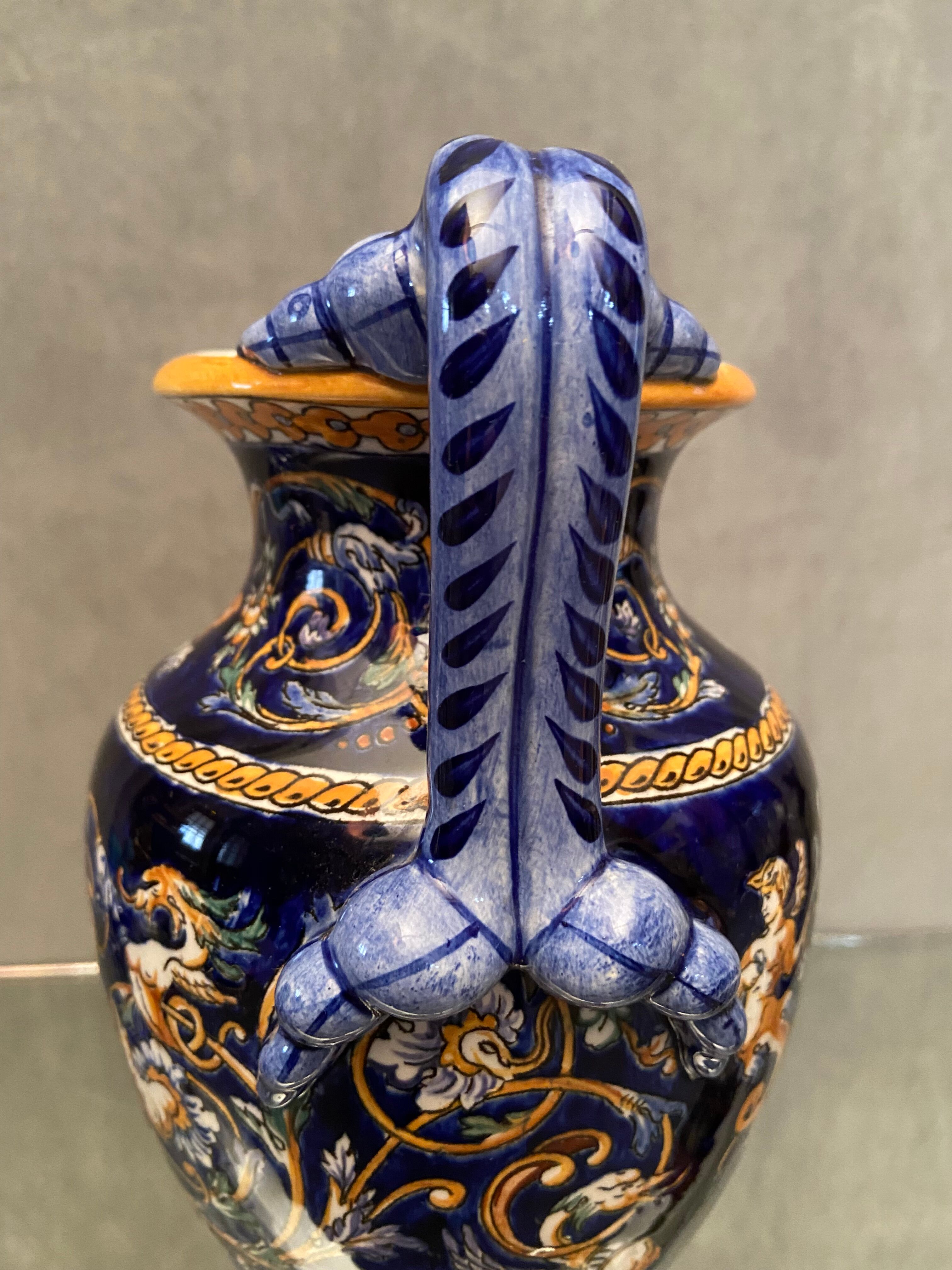 Vase on pedestal with handles in earthenware Gien Italian Renaissance decoration