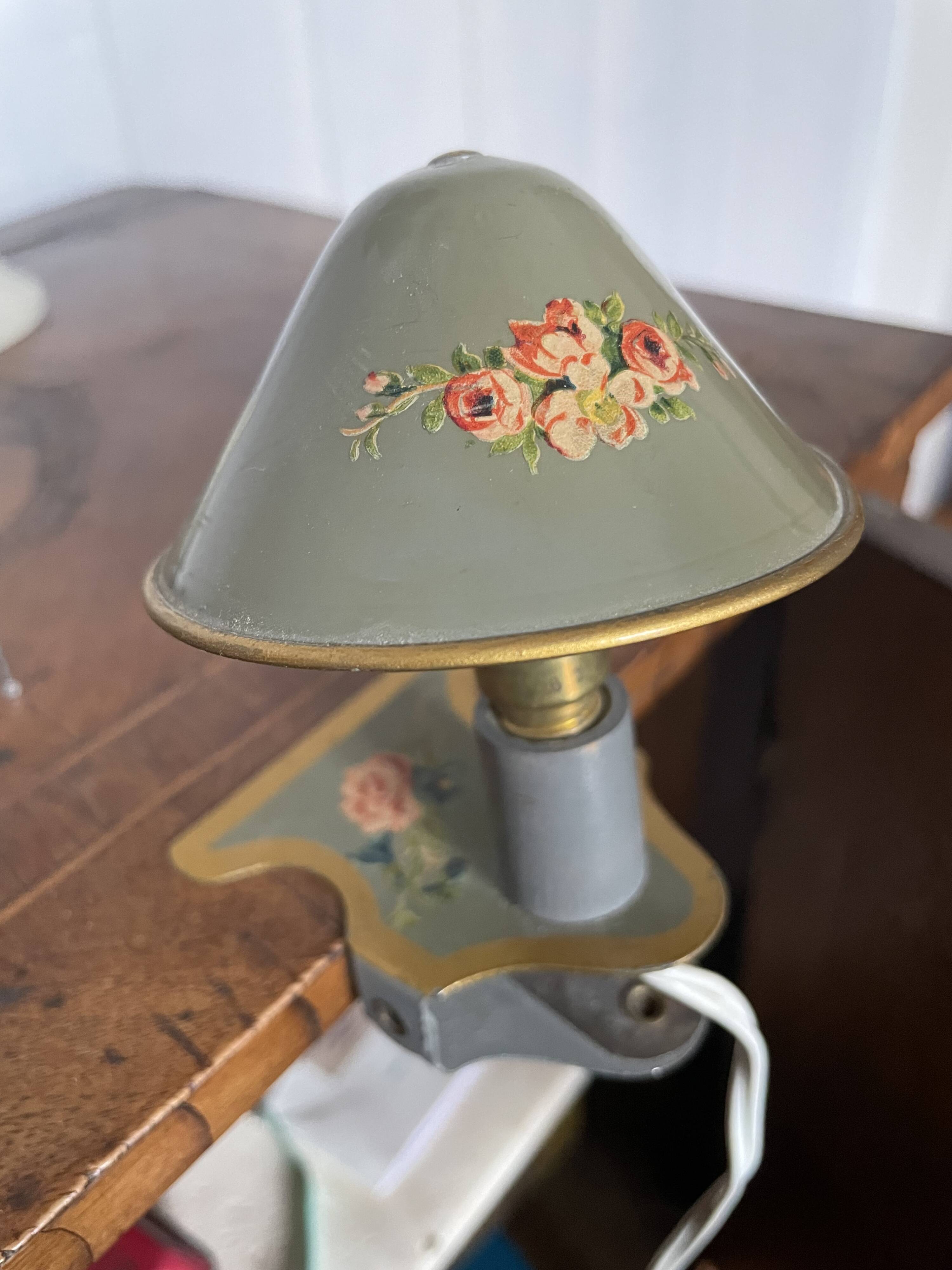 Small bedside lamp with clip, vintage painted flowers