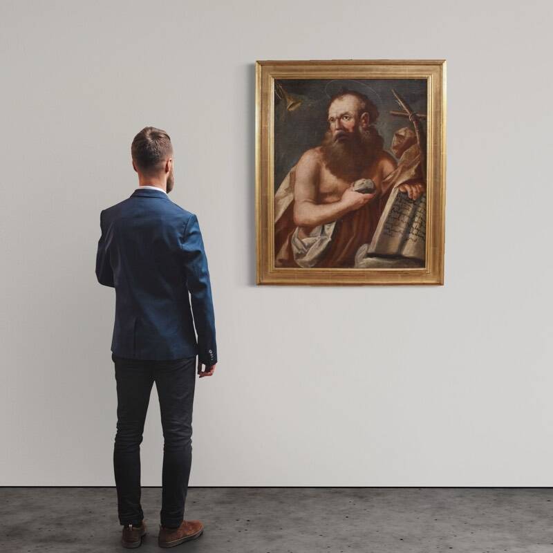 Antique religious painting from the 17th century, Penitent Saint Jerome